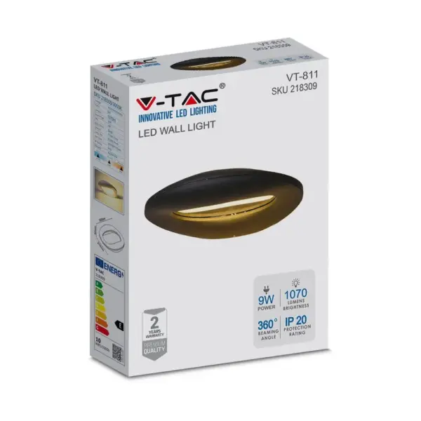 LED Φωτιστικό Τοίχου 9W V-TAC Μαύρο Θερμό Λευκό 3000Κ – 218309