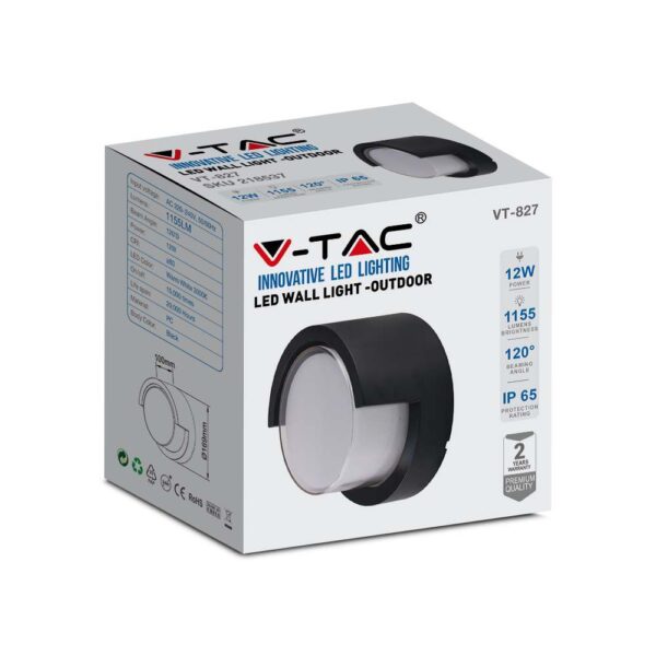 LED αδιάβροχη απλίκα 12W IP65 3000K Θερμό λευκό Μαύρο σώμα στρογγυλή V-TAC – 218537