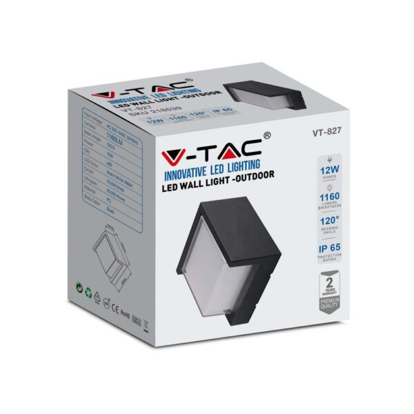 LED αδιάβροχη απλίκα 12W IP65 3000K Θερμό Μαύρο σώμα τετράγωνη V-TAC – 218539