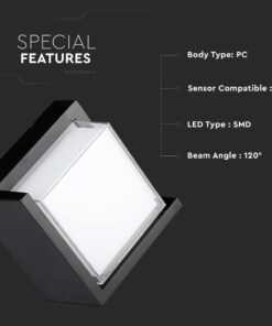 LED αδιάβροχη απλίκα 12W IP65 3000K Θερμό Μαύρο σώμα τετράγωνη V-TAC – 218539