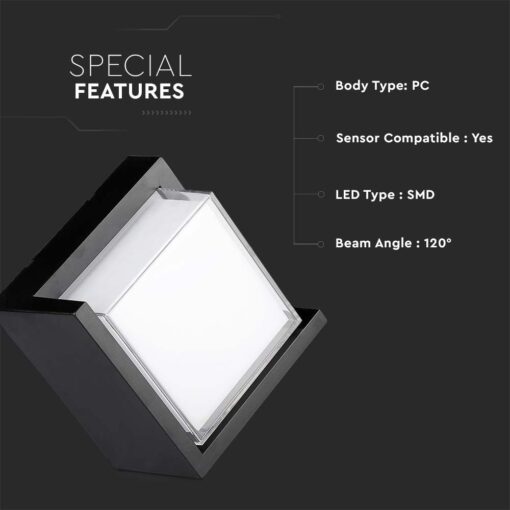 LED αδιάβροχη απλίκα 12W IP65 3000K Θερμό Μαύρο σώμα τετράγωνη V-TAC – 218539