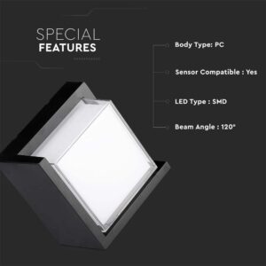 LED αδιάβροχη απλίκα 12W IP65 4000K Φυσικό λευκό Μαύρο σώμα τετράγωνη V-TAC – 218540