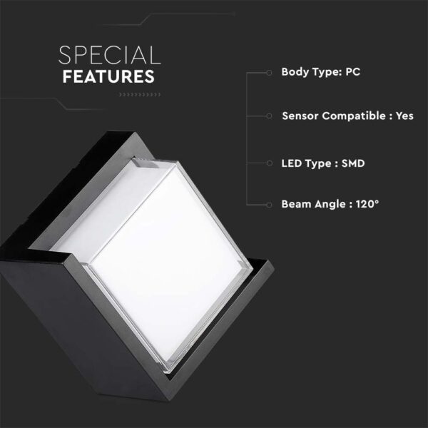 LED αδιάβροχη απλίκα 12W IP65 4000K Φυσικό λευκό Μαύρο σώμα τετράγωνη V-TAC – 218540