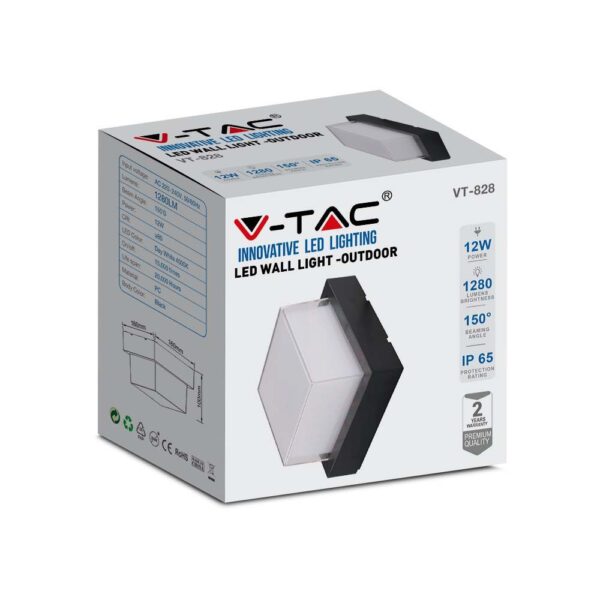 LED αδιάβροχη απλίκα 12W IP65  Μαύρο σώμα τετράγωνη V-TAC Φυσικό 4000K – 218544