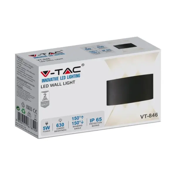 Φωτιστικό Τοίχου 5W LED Up-Down Μαύρο V-TAC IP65 Θερμό Λευκό 3000K – 218615