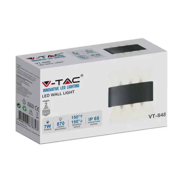 Φωτιστικό Τοίχου 7W LED Up-Down Μαύρο V-TAC IP65 Θερμό Λευκό 3000K – 218619