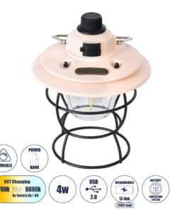 GloboStar® 85696 Αυτόνομο Φανάρι Camping LED 4W USB 2.0 με Επαναφορτιζόμενη Μπαταρία 1 x 18650 2000mAh Li-ion Power Bank IP20 Dimmable Ροζ με Διάφανο Γυαλί CCT Εναλλαγή Φωτισμού μέσω On/Off All In One Ψυχρό 6000K+Φυσικό 4500K+Θερμό 2700K Φ13.5 x Υ17.5cm