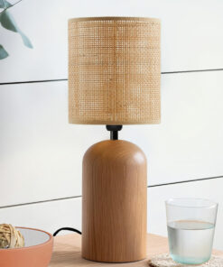 GloboStar® HARD 204-0065 Μοντέρνο Eπιτραπέζιο Φωτιστικό Μονόφωτο 1 x E27 IP20 Καφέ Ξύλο με Μπεζ Rattan – Μ15 x Π15 x Υ35cm