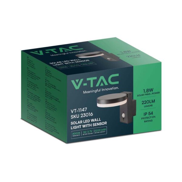Επιτοίχιο Φωτιστικό τοίχου LED 1.8W 3000Κ Μαύρου Χρώματος IP54 Ηλιακό με Ανιχνευτή V-TAC – 23016