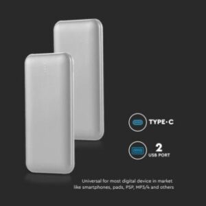Power bank 10000mAh ασημί 2 USB + Type-C V-TAC – 23035