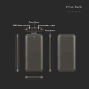 Power bank 10000mAh γκρι 2 USB + Type-C V-TAC – 23037
