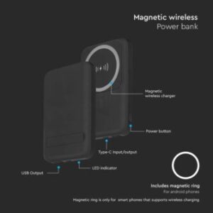 Μαγνητικό wireless power bank 10000mAh μαύρο V-TAC – 23038