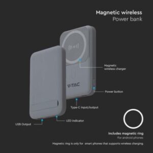 Μαγνητικό wireless power bank 10000mAh γκρι V-TAC – 23040