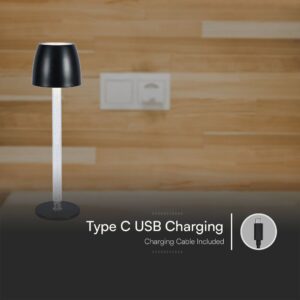 Επιτραπέζιο Επαναφορτιζόμενο Φωτιστικό LED 3W 3000K Dimmable Μαύρου Χρώματος V-TAC – 23095VT
