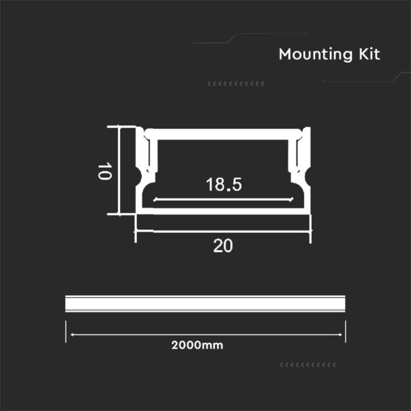 Προφίλ αλουμινίου για ταινίες LED 2000x20x10mm V-TAC – 23174