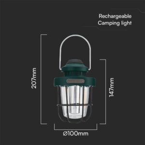 Επαναφορτιζόμενο Φως Κάμπινγ LED 3W CCT Dimmable IP44 Πράσινο V-TAC – 23337VT