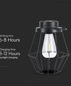 LED Ηλιακό Φορητό Φωτιστικό Μαύρο με Λαβή Θερμό 2700K V-TAC – 23386
