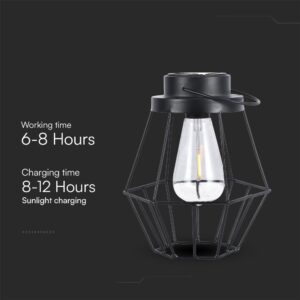 LED Ηλιακό Φορητό Φωτιστικό Μαύρο με Λαβή Θερμό 2700K V-TAC – 23386