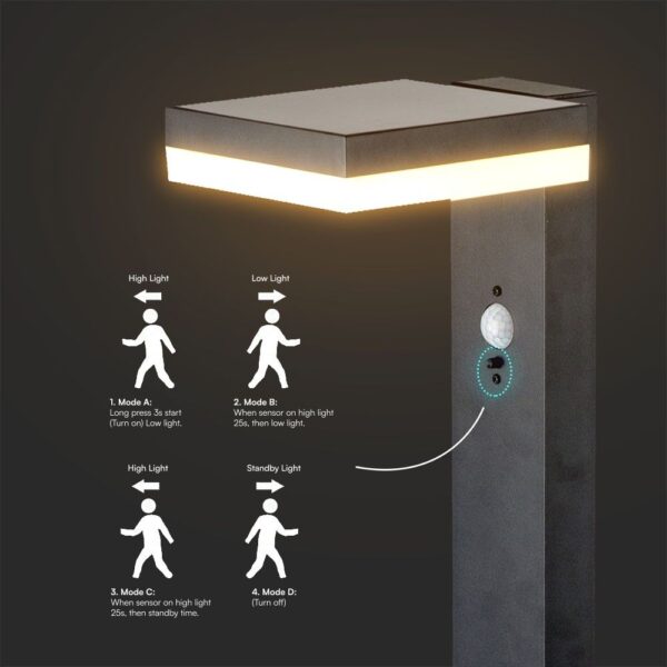 Φωτιστικό Κολωνάκι Κήπου LED 5.5W 3000Κ Ηλιακό με Αισθητήρα PIR IP54 Μαύρου Χρώματος V-TAC – 23398VT