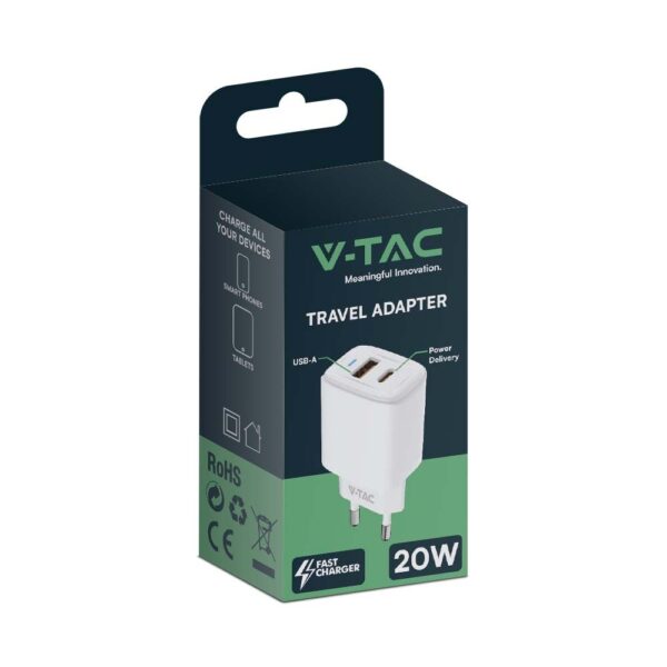 Ταχυφορτιστής 20W με Θύρα USB-A και Θύρα USB-C  Λευκός V-TAC – 23580VT