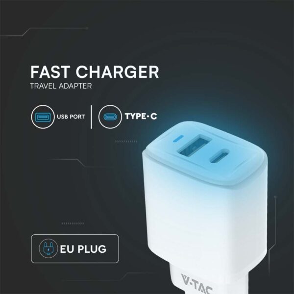 Ταχυφορτιστής 20W με Θύρα USB-A και Θύρα USB-C  Λευκός V-TAC – 23580VT