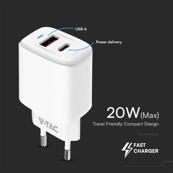 Ταχυφορτιστής 20W με Θύρα USB-A και Θύρα USB-C  Λευκός V-TAC – 23580VT