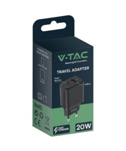 Ταχυφορτιστής 20W με Θύρα USB-A και Θύρα USB-C Μαύρος V-TAC – 23581VT