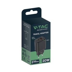 Ταχυφορτιστής 20W με Θύρα USB-A και Θύρα USB-C  Μαύρος V-TAC – 23581VT