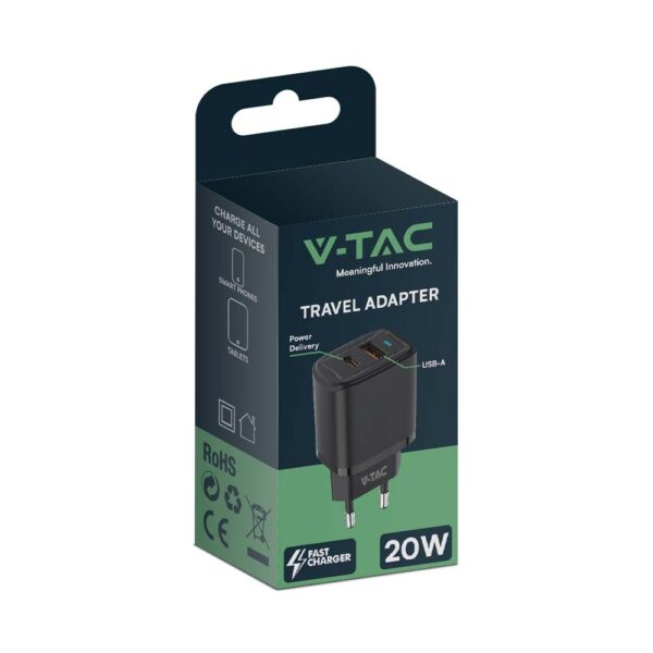 Ταχυφορτιστής 20W με Θύρα USB-A και Θύρα USB-C  Μαύρος V-TAC – 23581VT