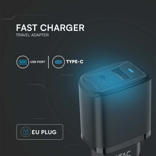 Ταχυφορτιστής 20W με Θύρα USB-A και Θύρα USB-C  Μαύρος V-TAC – 23581VT