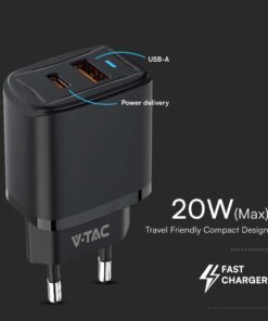 Ταχυφορτιστής 20W με Θύρα USB-A και Θύρα USB-C Μαύρος V-TAC – 23581VT