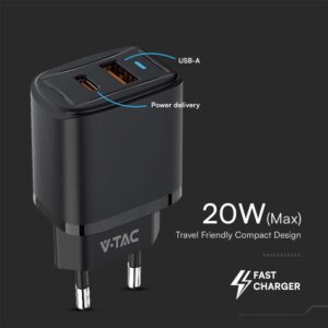 Ταχυφορτιστής 20W με Θύρα USB-A και Θύρα USB-C  Μαύρος V-TAC – 23581VT