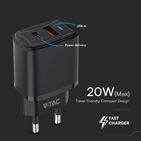 Ταχυφορτιστής 20W με Θύρα USB-A και Θύρα USB-C  Μαύρος V-TAC – 23581VT