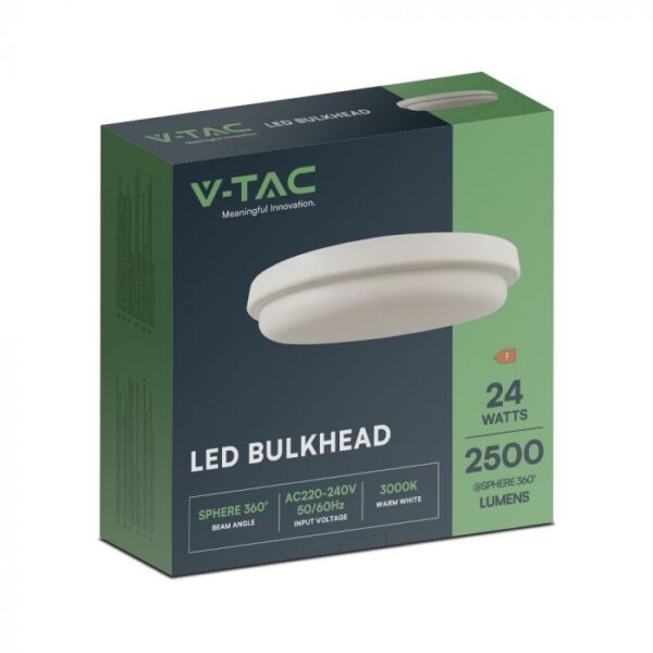 Πλαφονιέρα Οροφής Στρογγυλή Φ240 Λευκή LED 24W 2500lm 3000K IP54 VTAC – 23596