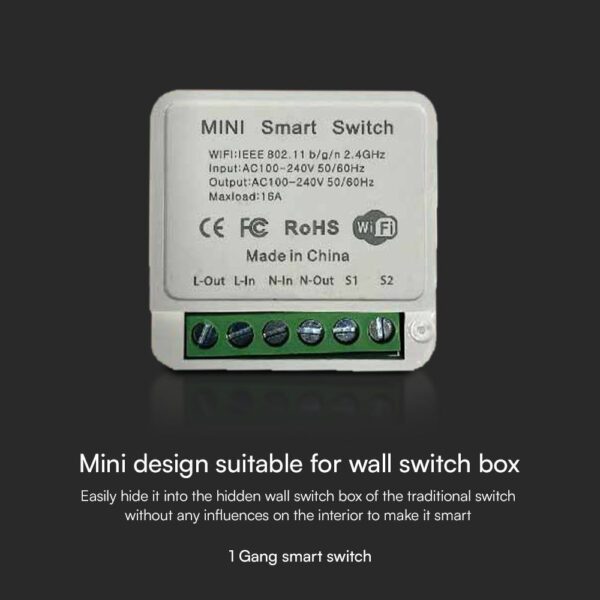 Wi-FI Mini Smart Διακόπτης Μονός V-TAC – 23604VT