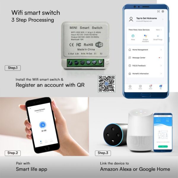 Wi-FI Mini Smart Διακόπτης Μονός V-TAC – 23604VT