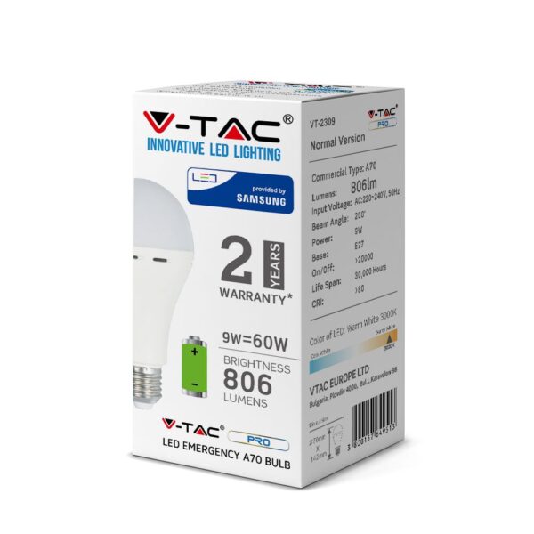 LED Λάμπα E27 A60 9W V-TAC με ενσωματωμένη μπαταρία έκτακτης ανάγκης 200° 806lm Φυσικό 4000K – 2372