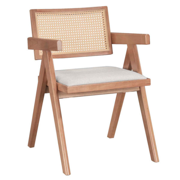 Armchair Winslow pakoworld wood rubberwood light walnut-pvc natural rattan-fabric gray 247-000004