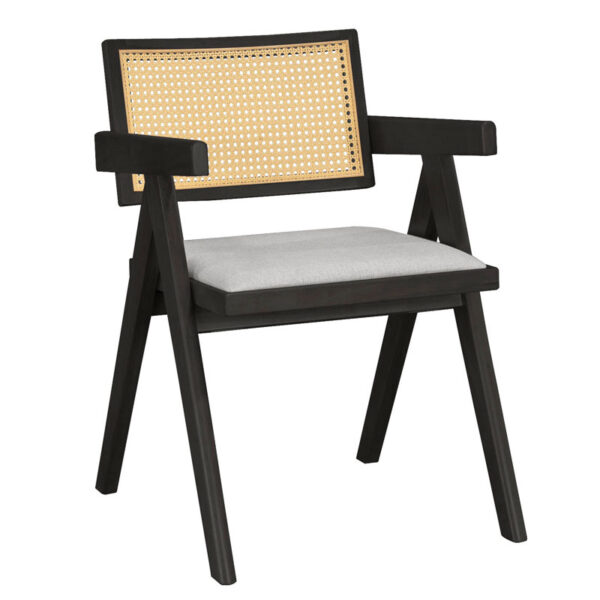 Armchair Winslow pakoworld wood rubberwood black-pvc rattan natural-fabric gray 247-000005