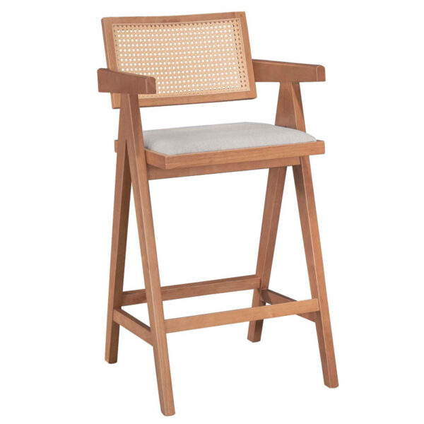 Bar stool with arms Winslow pakoworld wood rubberwood light walnut-pvc rattan natural-fabric gray 247-000009