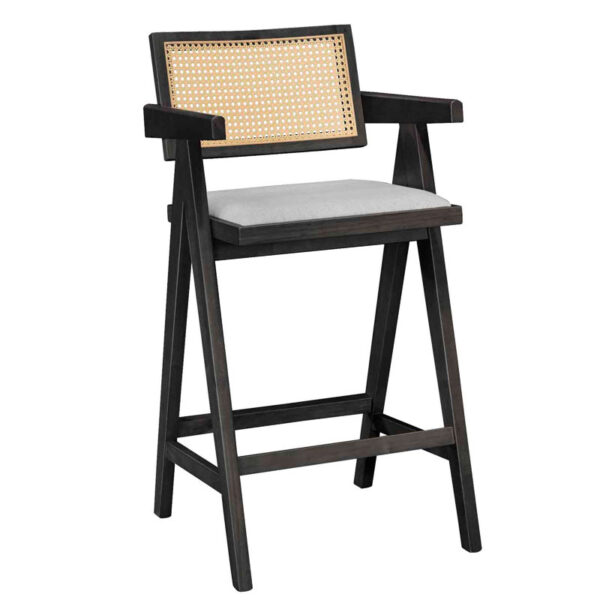 Bar stool with arms Winslow pakoworld wood rubberwood black-pvc rattan natural-fabric gray 247-000010