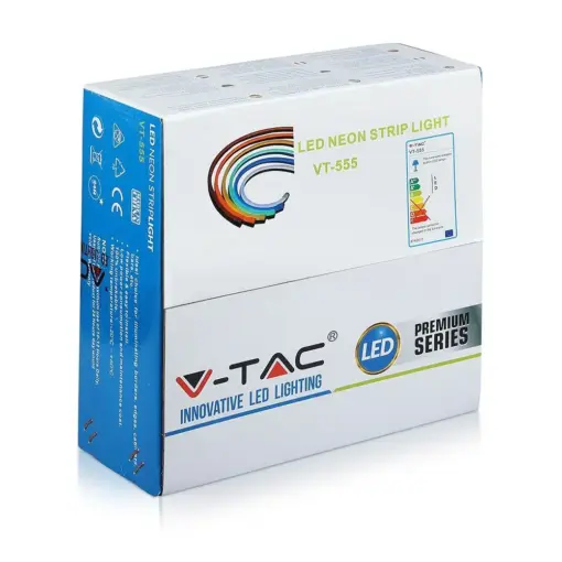 Συσκευασία V-TAC LED Neon Strip Light VT-555, ενεργειακής απόδοσης, με πολύχρωμο σχέδιο και λεπτομέρειες προϊόντος.