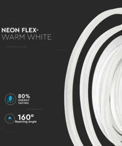 Ζεστό λευκό Neon Flex, 80% εξοικονόμηση ενέργειας, γωνία φωτισμού 160°, κομψός σχεδιασμός.