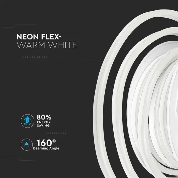 Ζεστό λευκό Neon Flex, 80% εξοικονόμηση ενέργειας, γωνία φωτισμού 160°, κομψός σχεδιασμός.