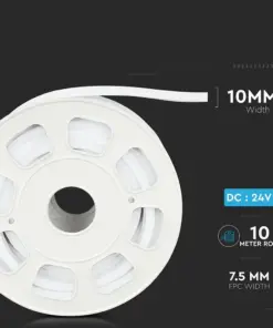 Ρολό LED ταινίας 10 μέτρων, πλάτος 10mm, λειτουργία 24V, πλάτος FPC 7.5mm, σε μαύρο φόντο.