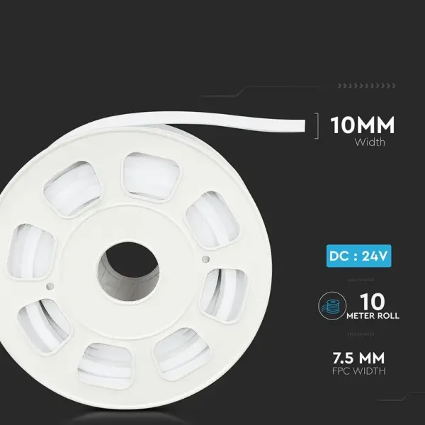 Ρολό LED ταινίας 10 μέτρων, πλάτος 10mm, λειτουργία 24V, πλάτος FPC 7.5mm, σε μαύρο φόντο.
