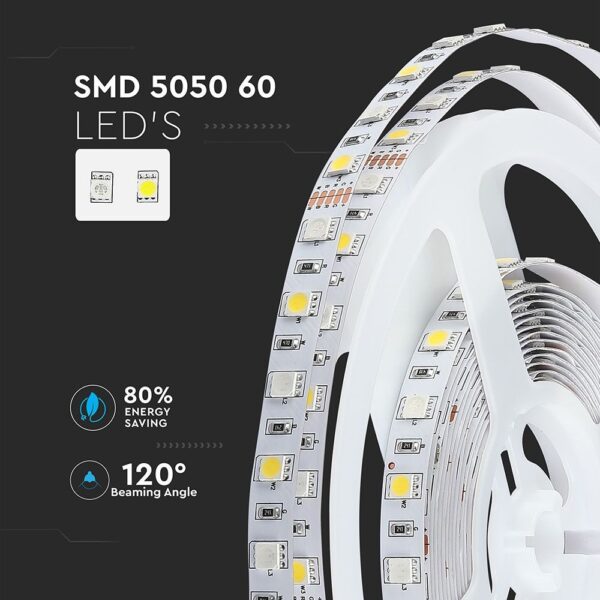 LED Ταινία  8W V-TAC 400lm/m Πολύχρωμη RGB+W Θερμό 3000K 5 Μέτρα – 212553