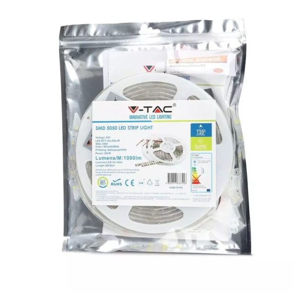 LED Ταινία 9W 24V V-TAC Dimmable 1000lm/m Αδιάβροχη IP65 Ψυχρό 6400K 5 Μέτρα – 2564
