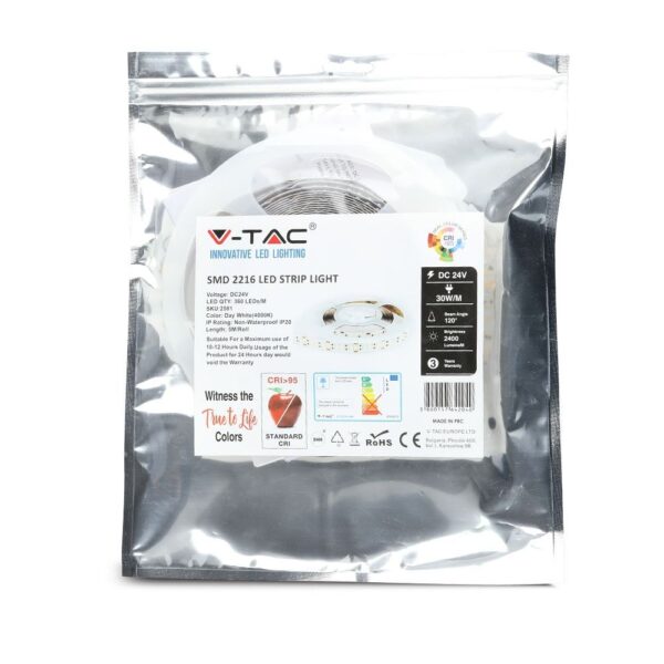 LED Ταινία 30W V-TAC Dimmable 24V 2400lm/m CRI >95 Θερμό 3000K 5 Μέτρα – 2580