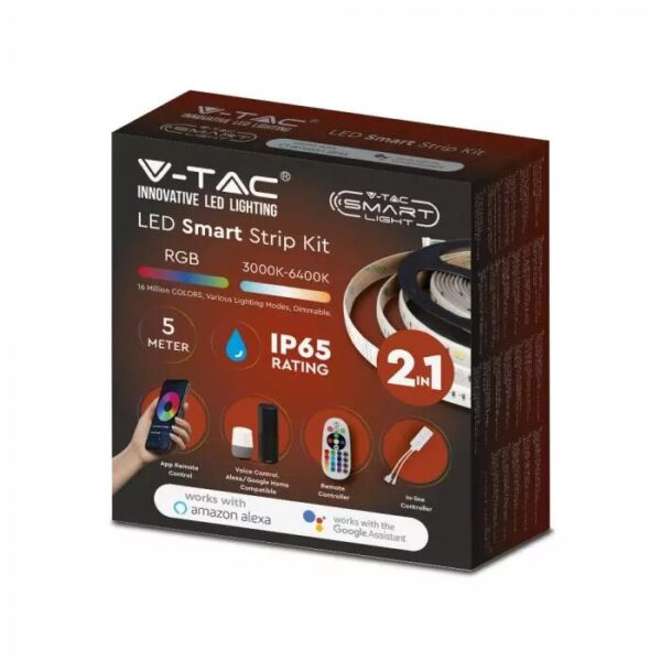 Wi-Fi Σετ 5 μέτρα Ταινίας LED 4W V-TAC IP65 Πολύχρωμη RGB+3000K-6400K Συμβατή Με Amazon Alexa & Google Home - 2628